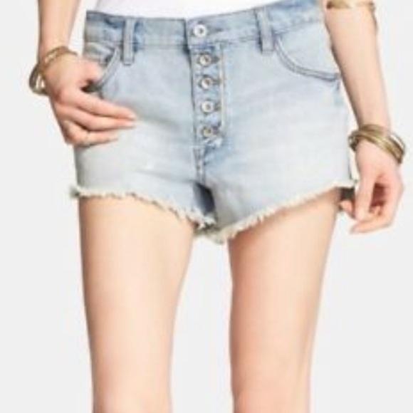 Free People Blue Distressed Raw Hem Jean Shorts